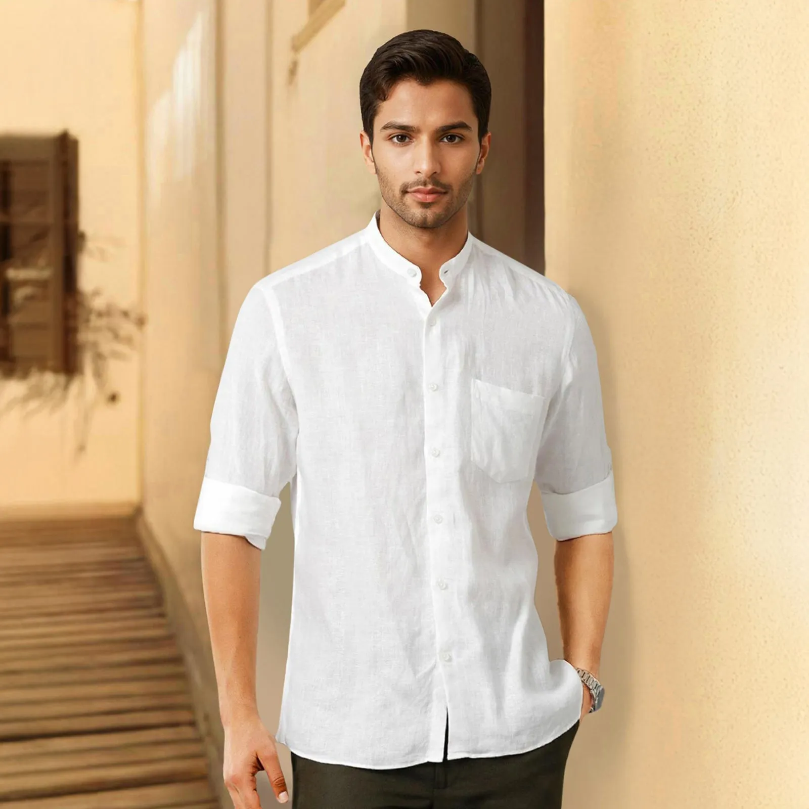 White Mandarin Collar Solid Linen Cotton Shirt for Men