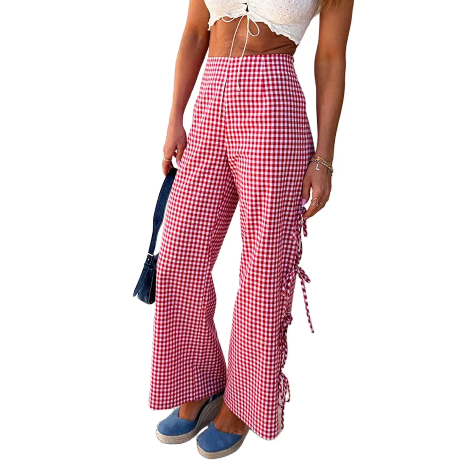 Wide-Leg Plaid Side Tie-Up Hol Low-Out Loose Spring Summer Casual Fashion Pants