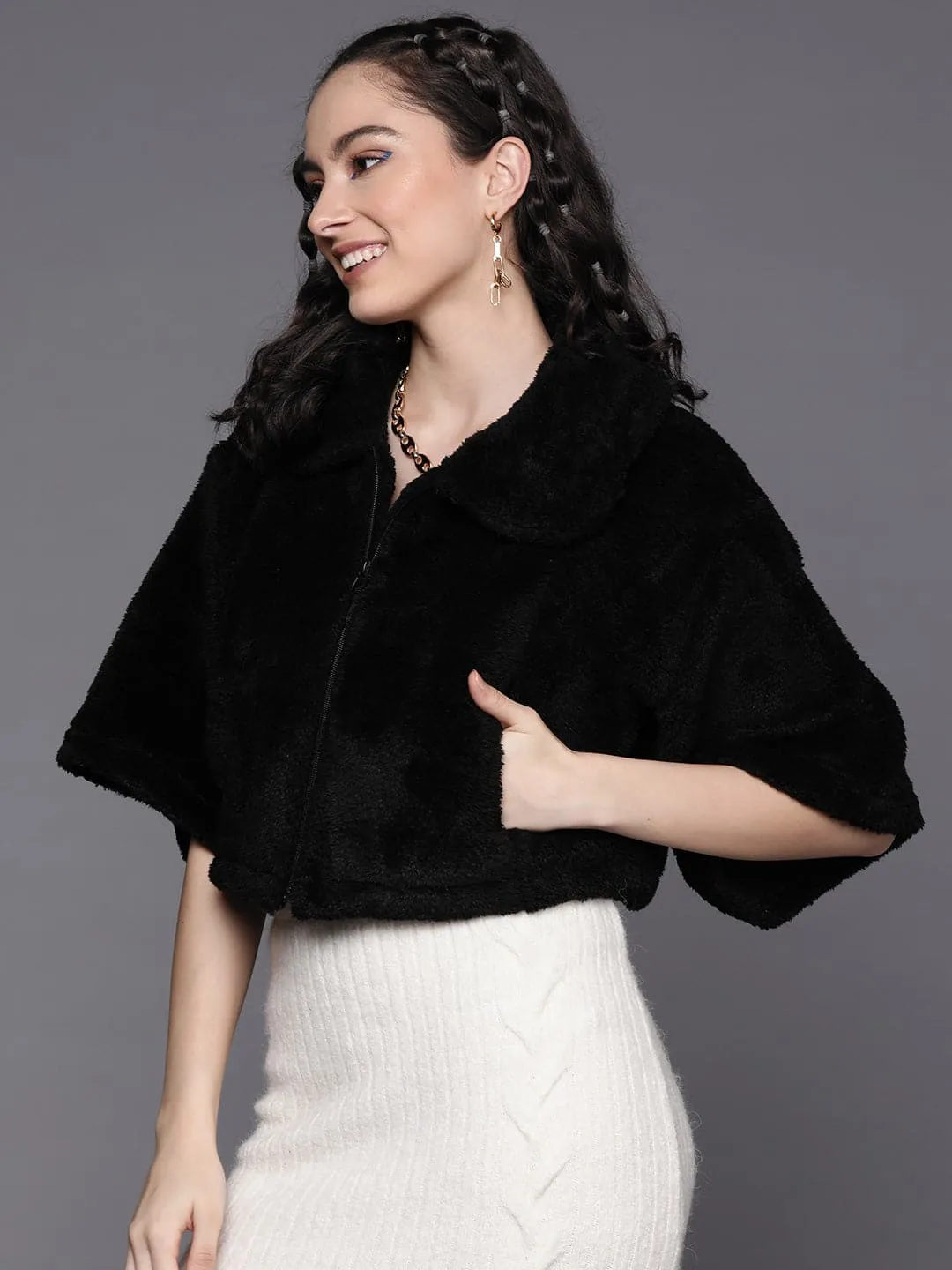 Women Black Crop Faux Fur Jacket