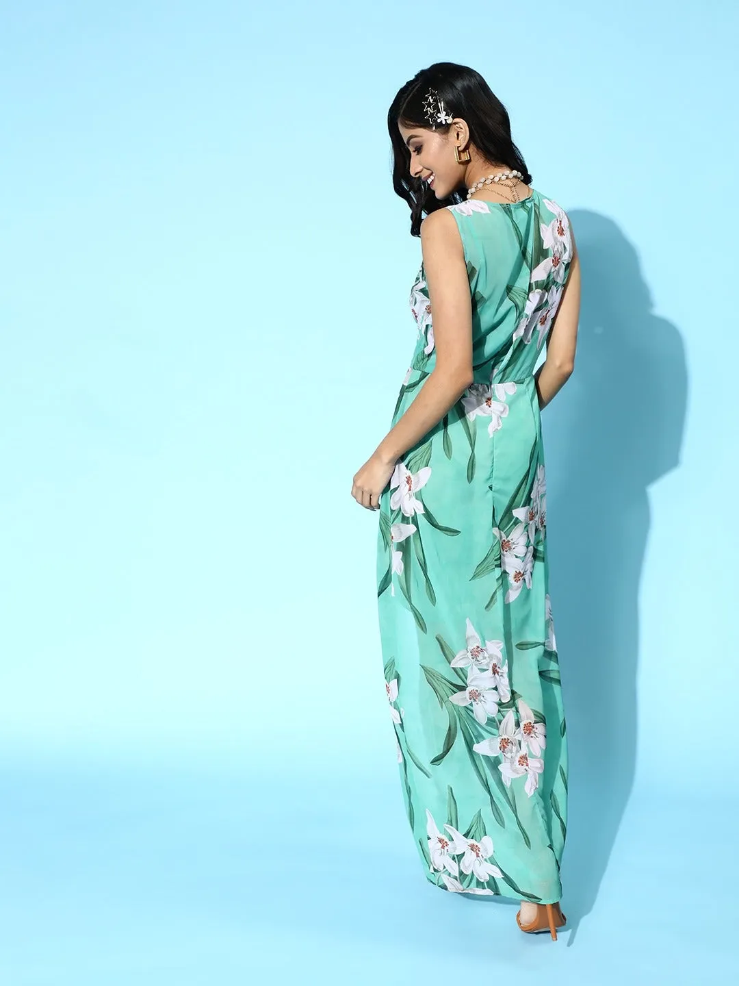 Women Green Floral Wrap Maxi Dress