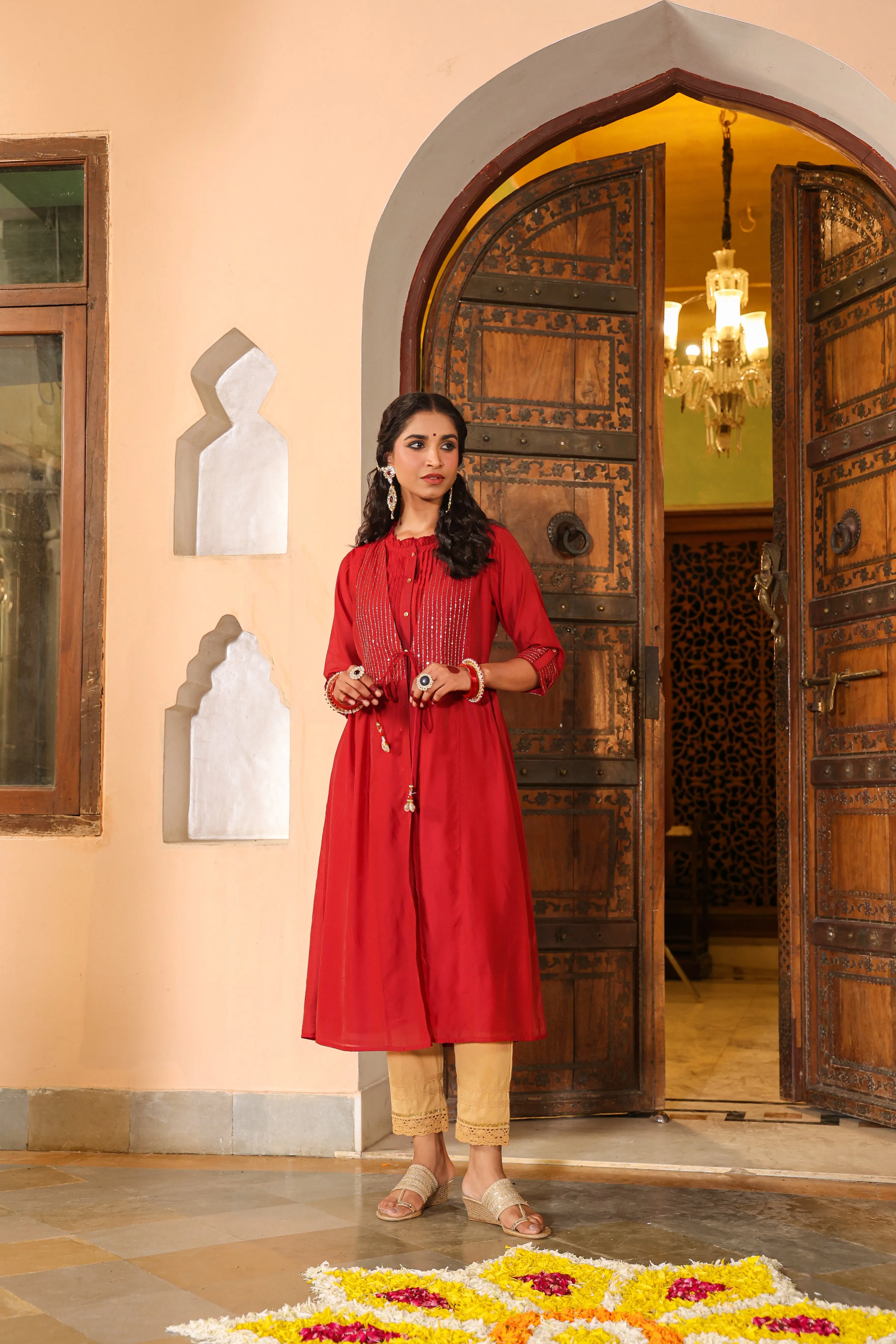 Women Maroon Chanderi Embroidered Jacket Style Kurta Dress