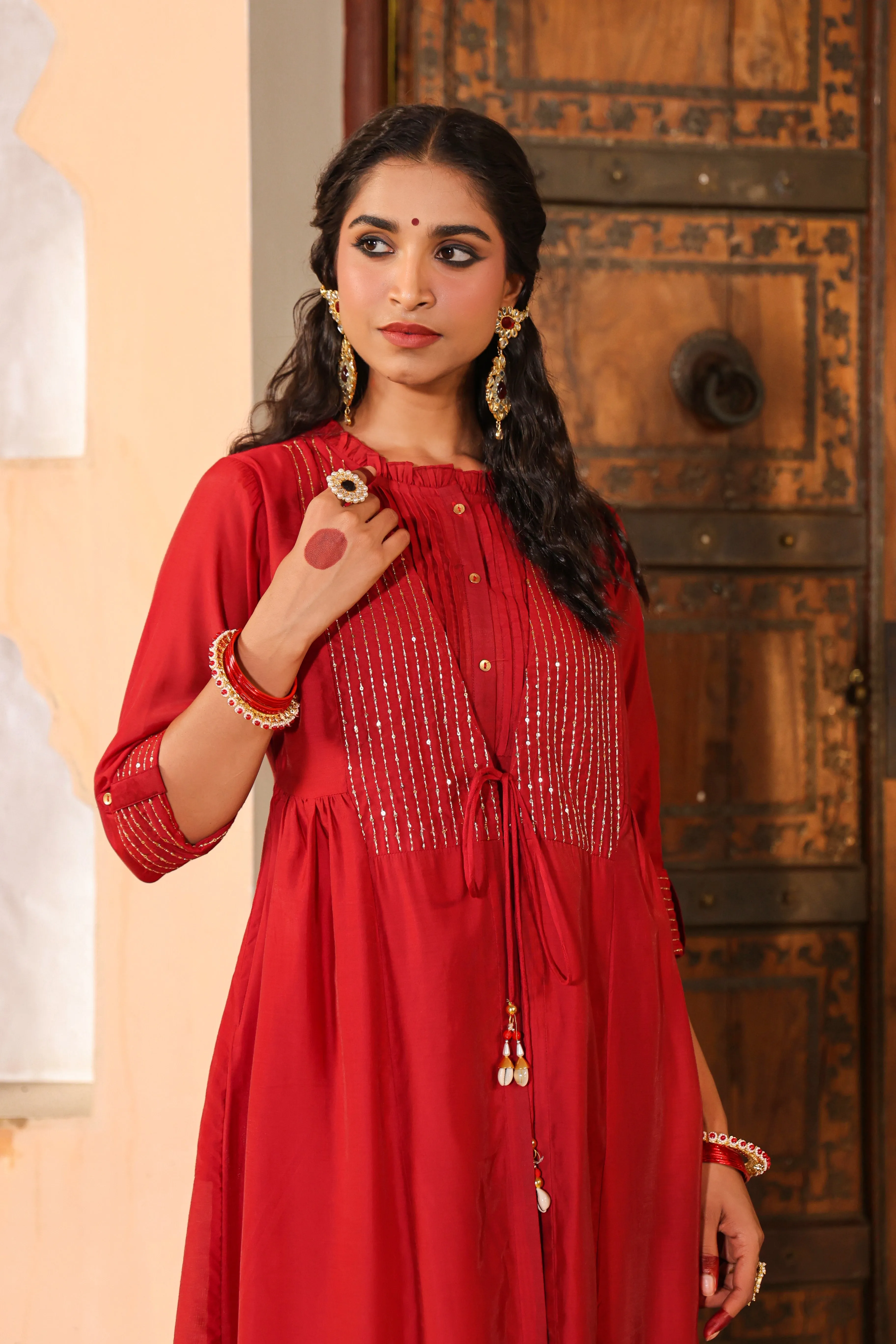 Women Maroon Chanderi Embroidered Jacket Style Kurta Dress