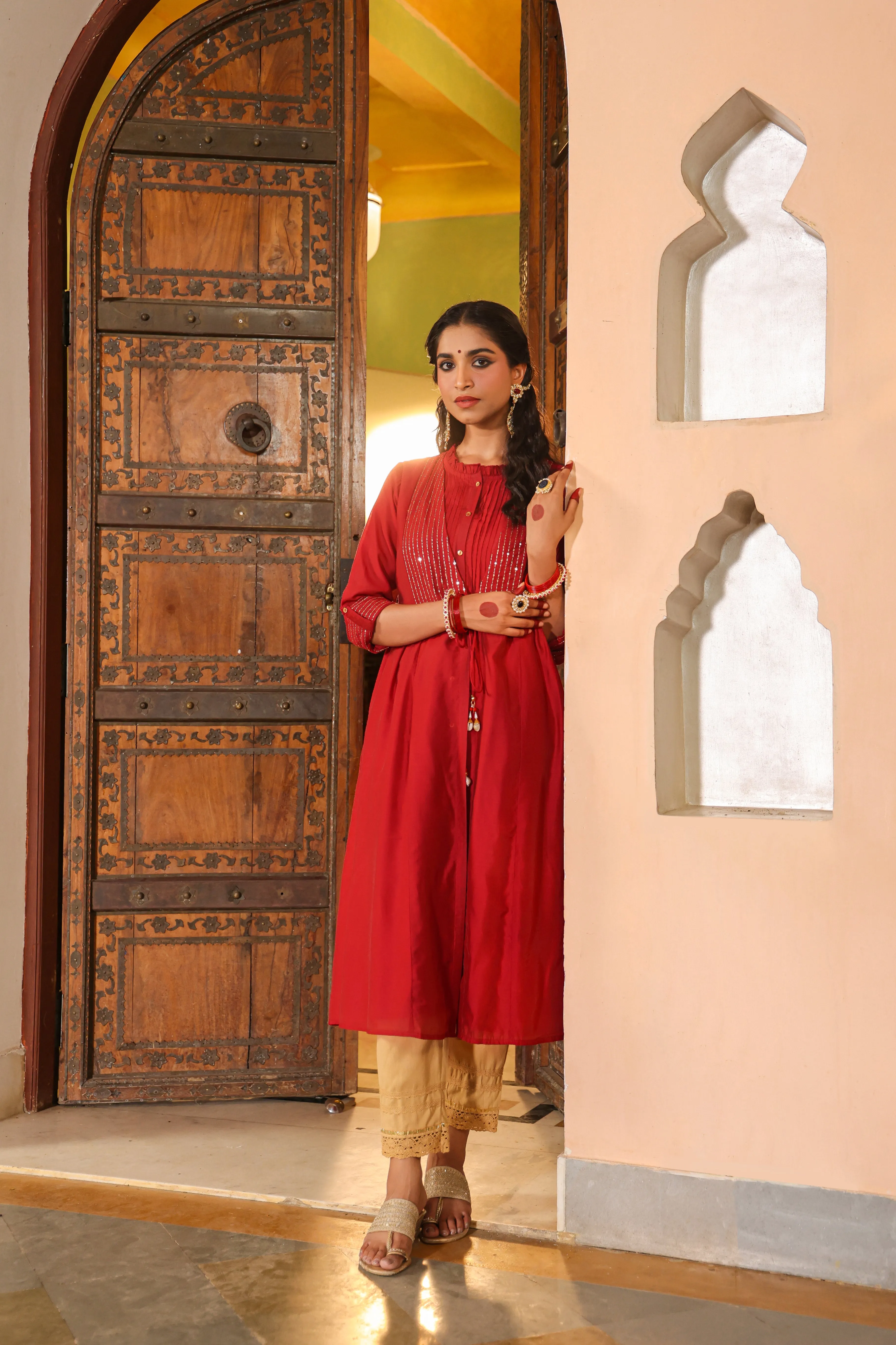 Women Maroon Chanderi Embroidered Jacket Style Kurta Dress