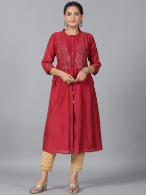 Women Maroon Chanderi Embroidered Jacket Style Kurta Dress