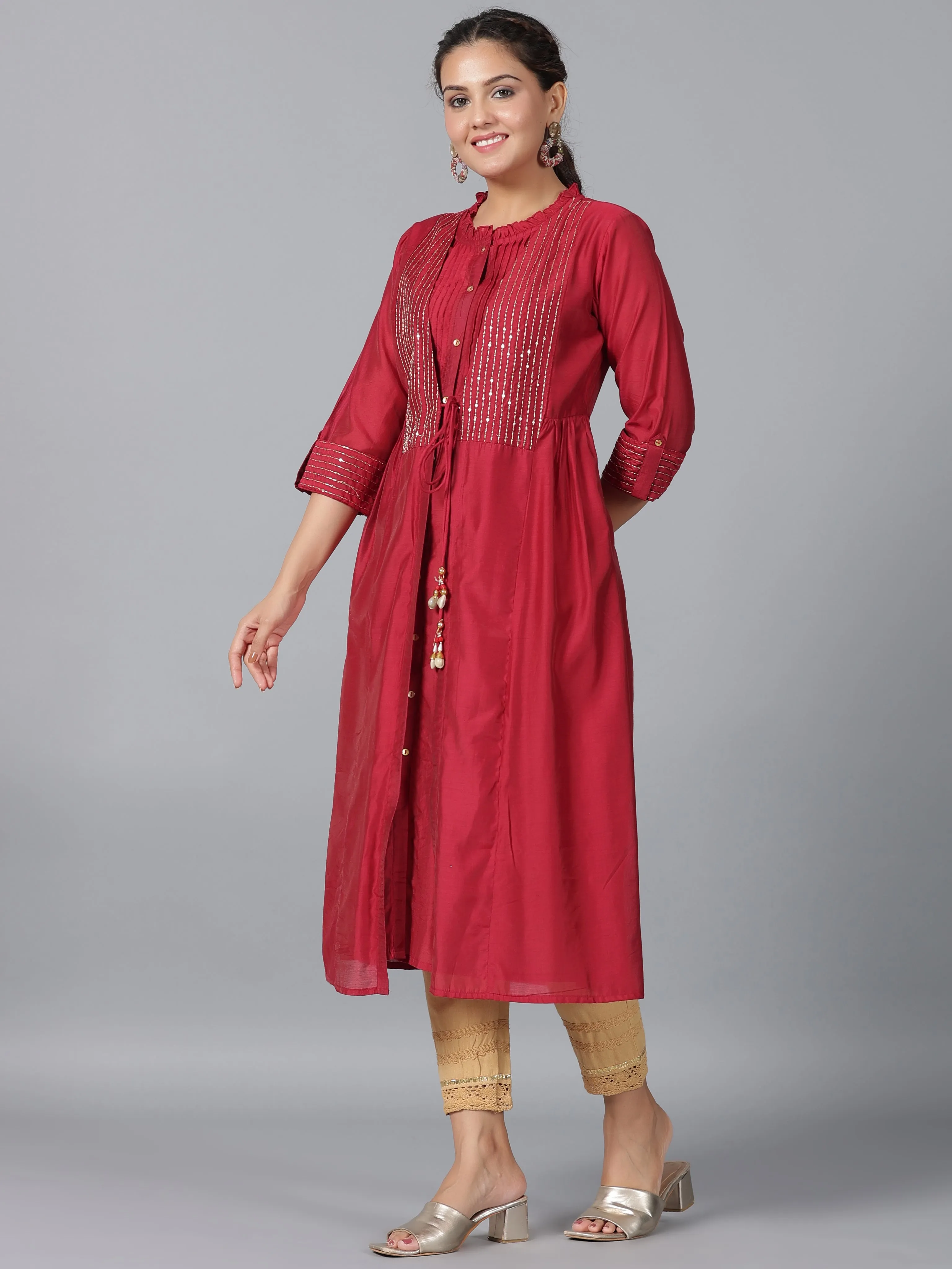 Women Maroon Chanderi Embroidered Jacket Style Kurta Dress