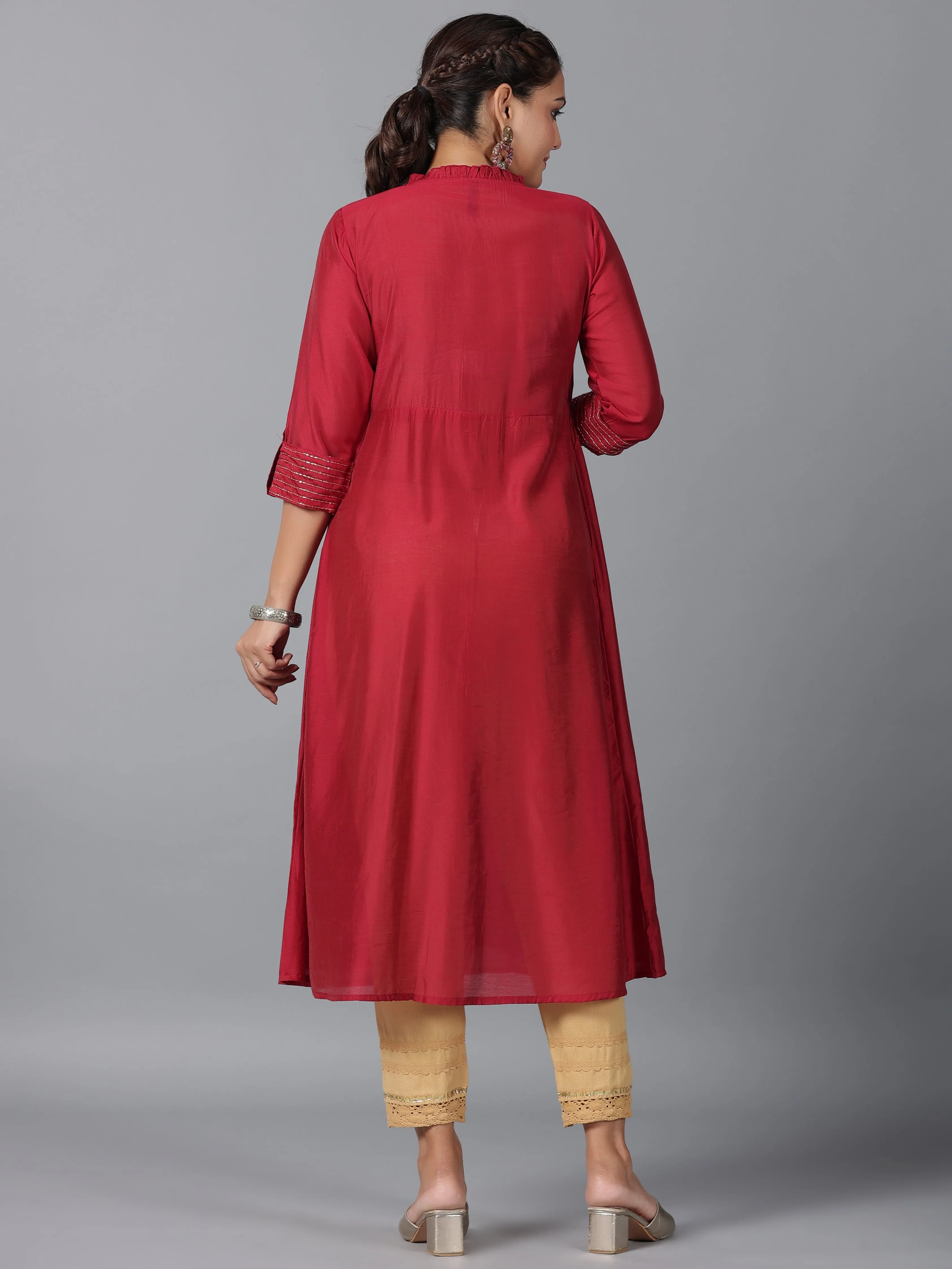 Women Maroon Chanderi Embroidered Jacket Style Kurta Dress