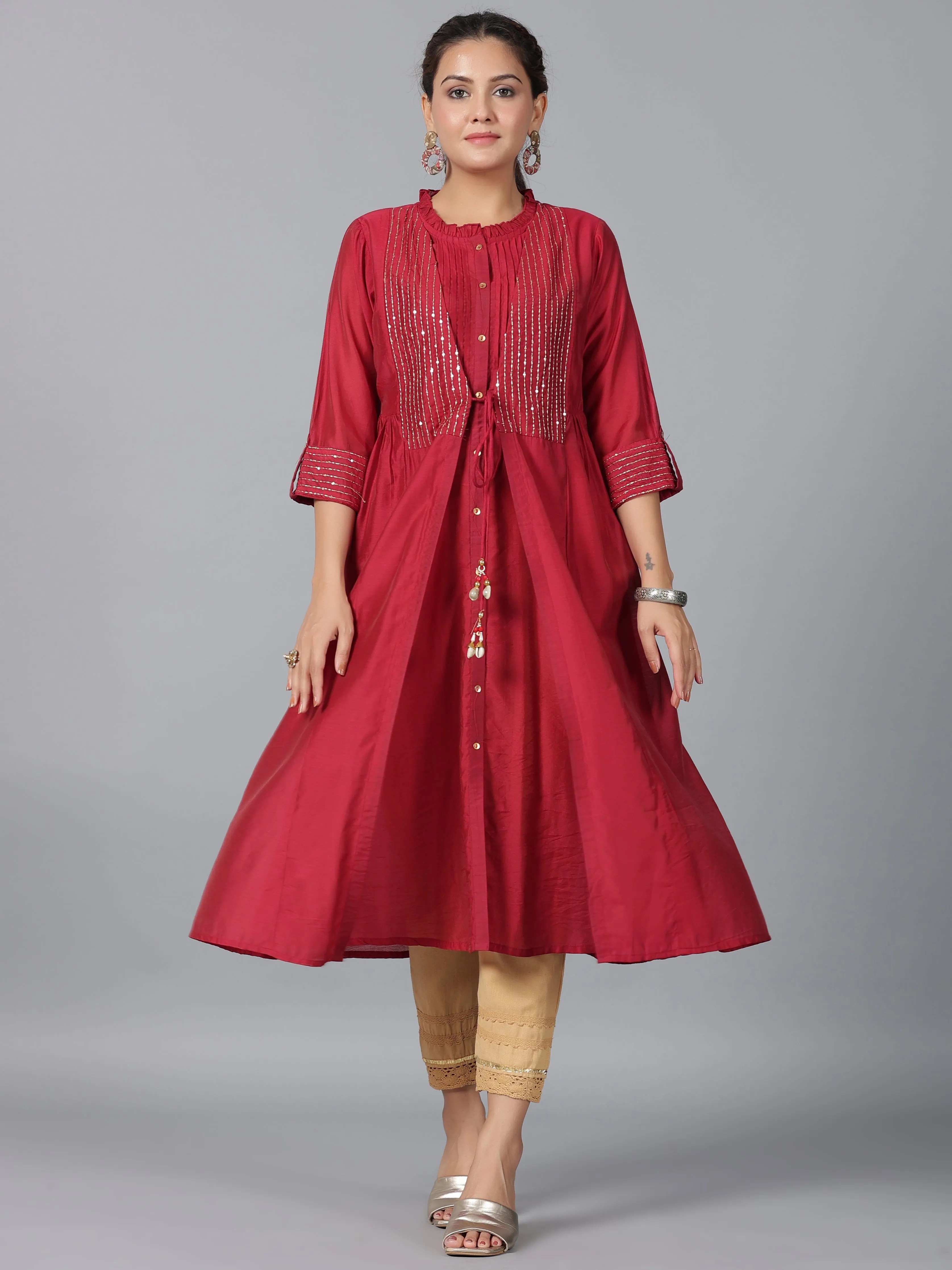 Women Maroon Chanderi Embroidered Jacket Style Kurta Dress