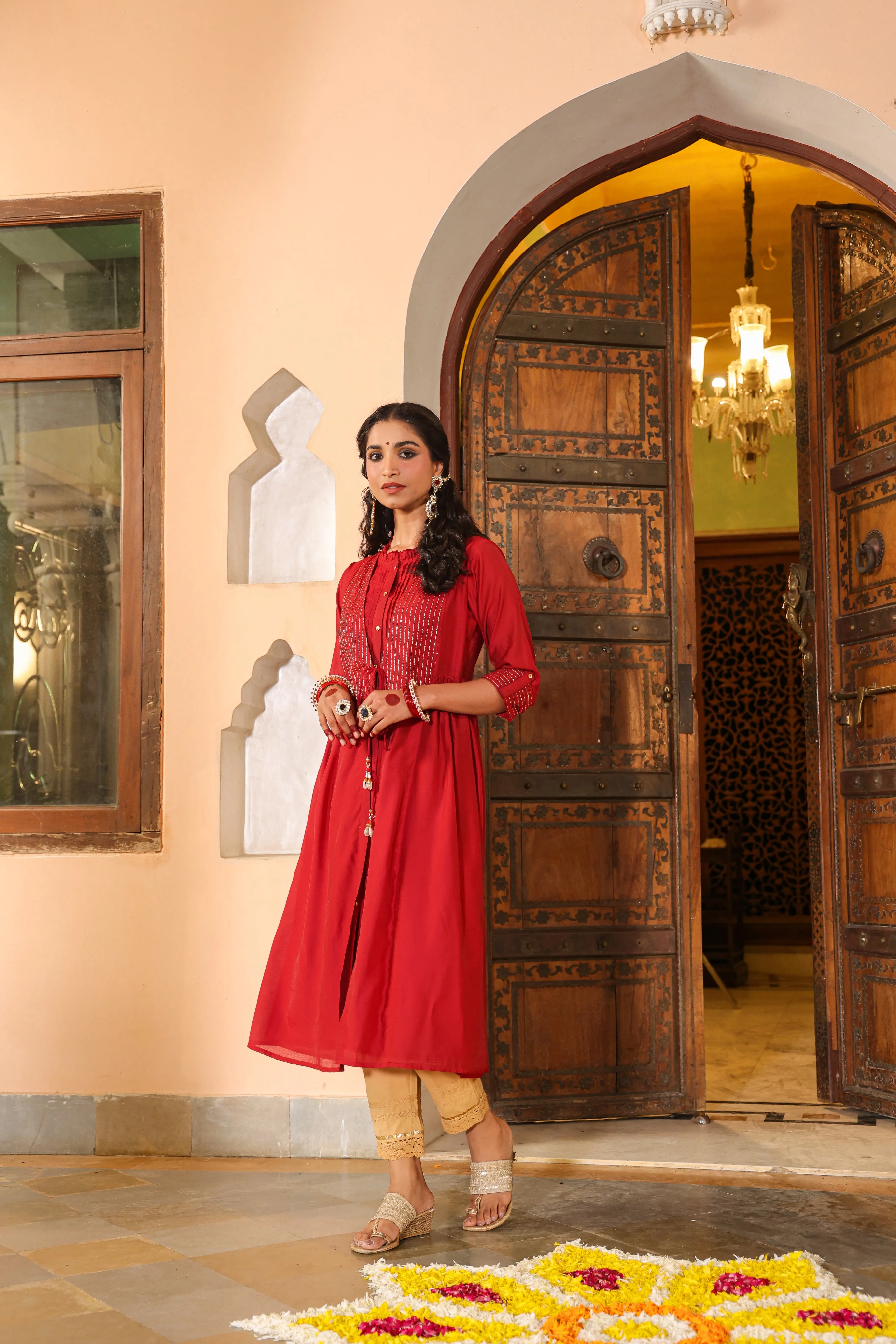 Women Maroon Chanderi Embroidered Jacket Style Kurta Dress