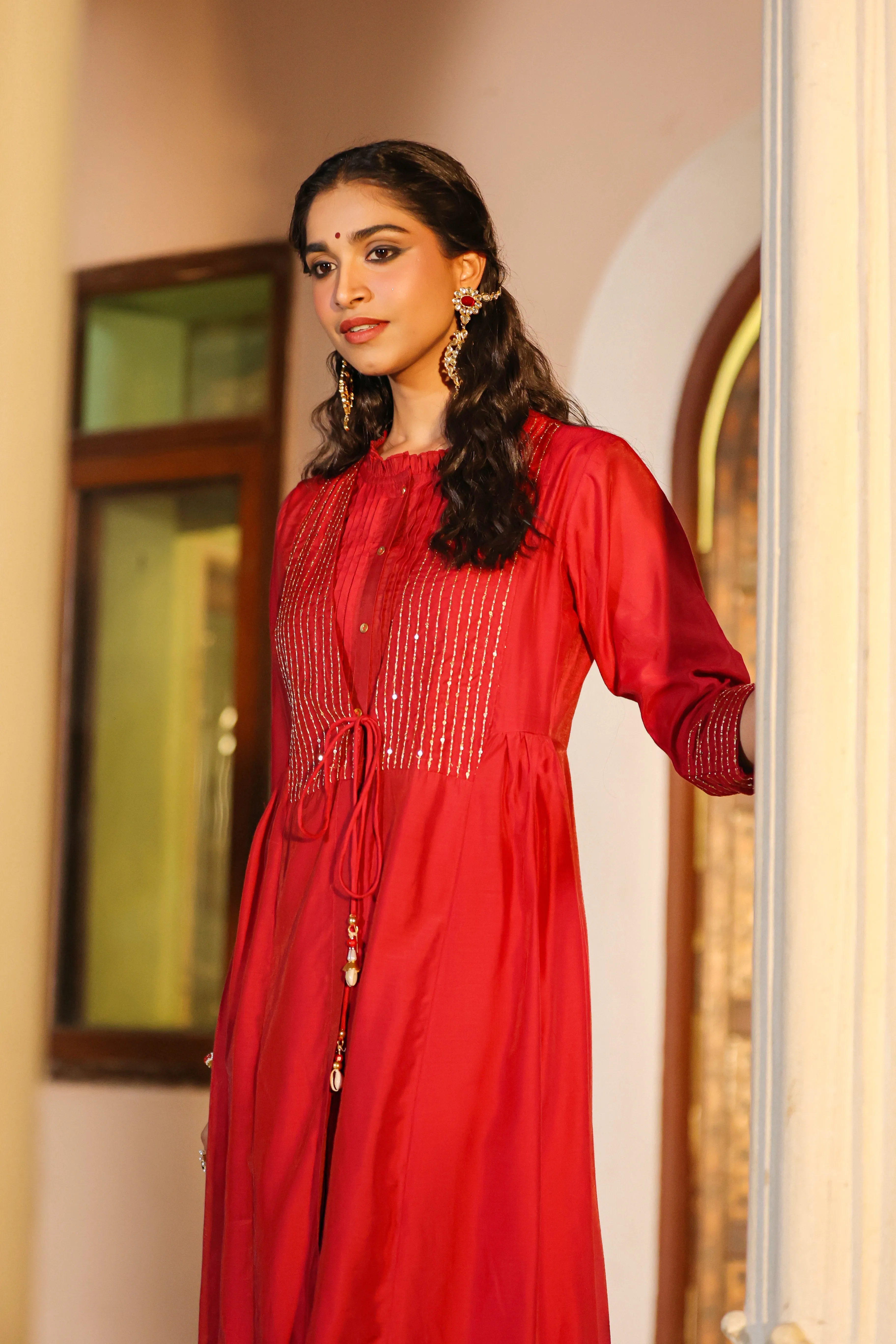 Women Maroon Chanderi Embroidered Jacket Style Kurta Dress