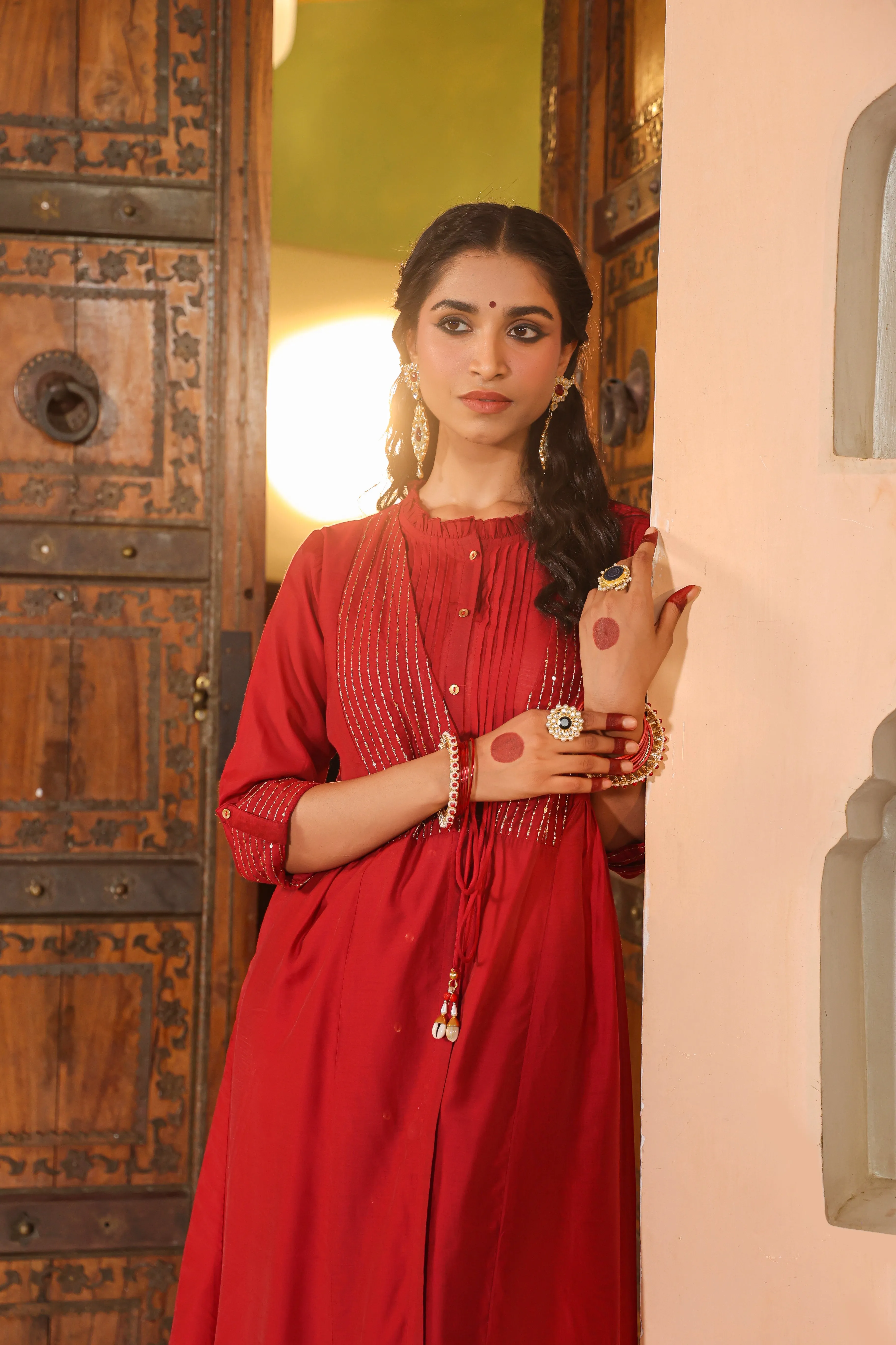 Women Maroon Chanderi Embroidered Jacket Style Kurta Dress