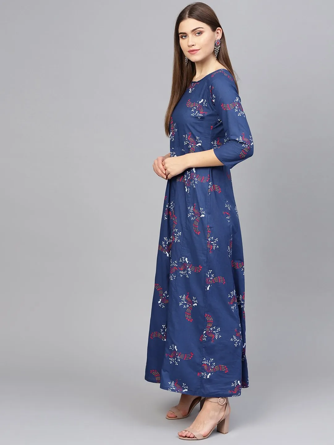 Women Navy Blue & Pink Printed Maxi Dress