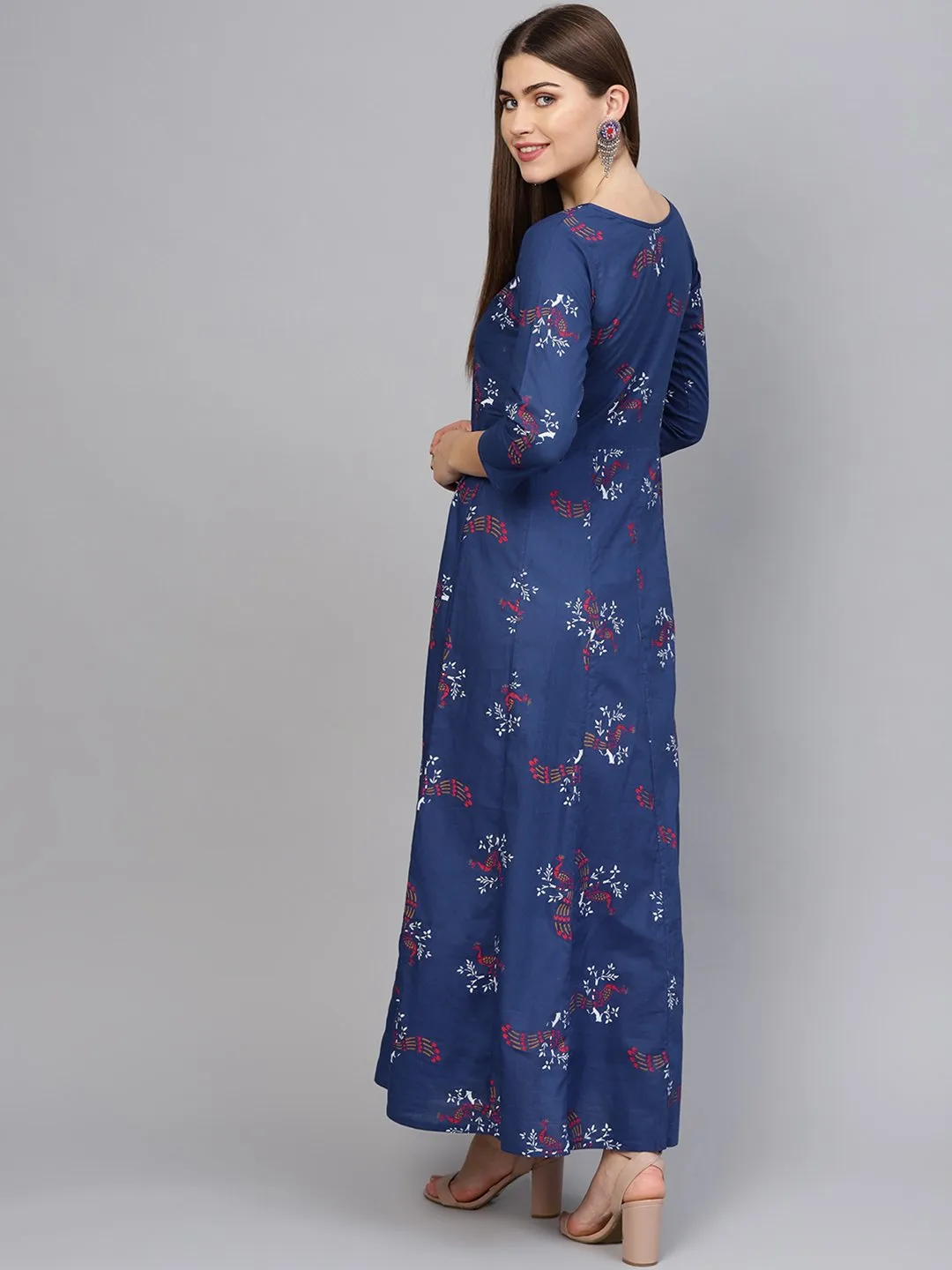 Women Navy Blue & Pink Printed Maxi Dress