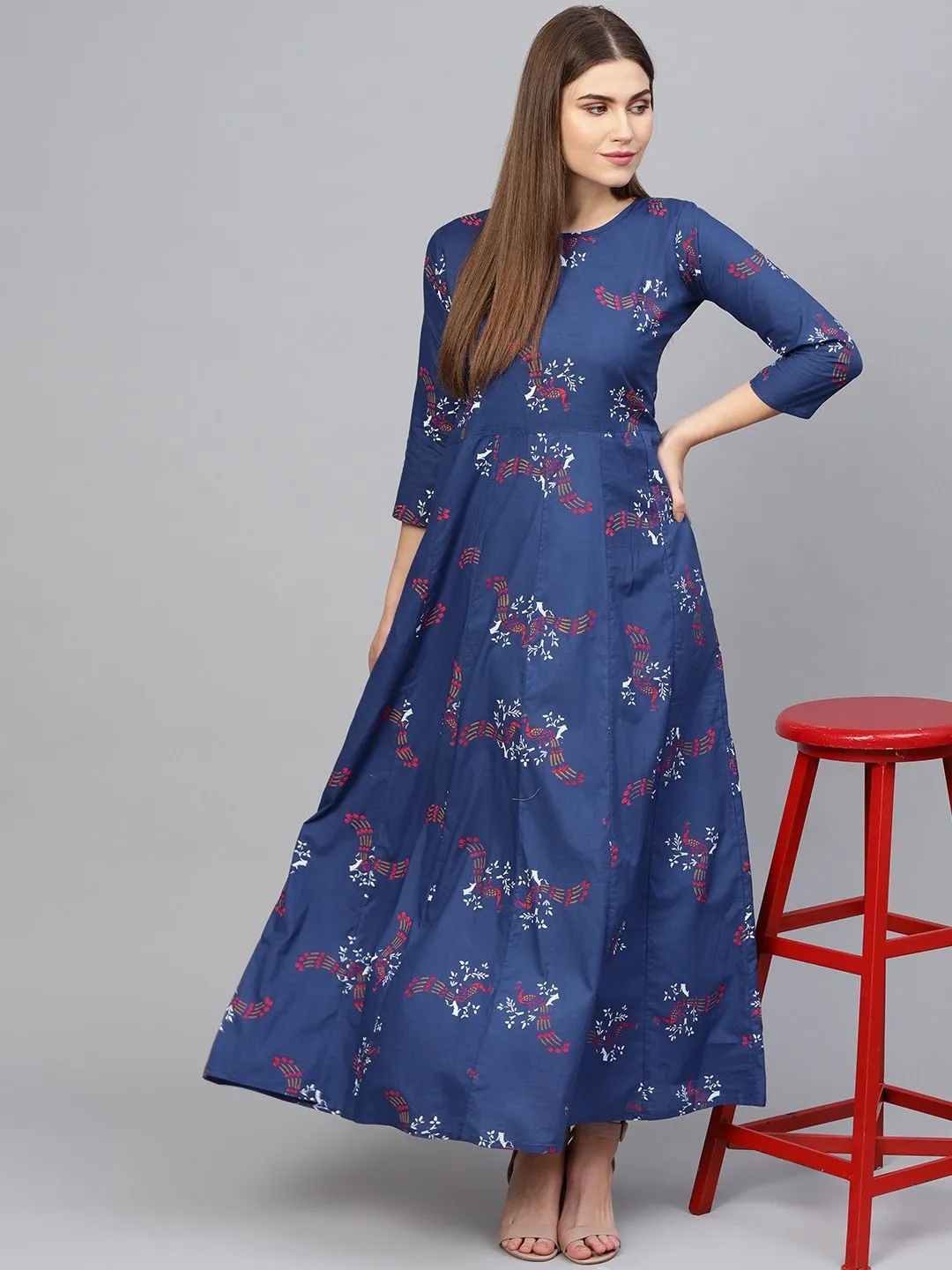 Women Navy Blue & Pink Printed Maxi Dress