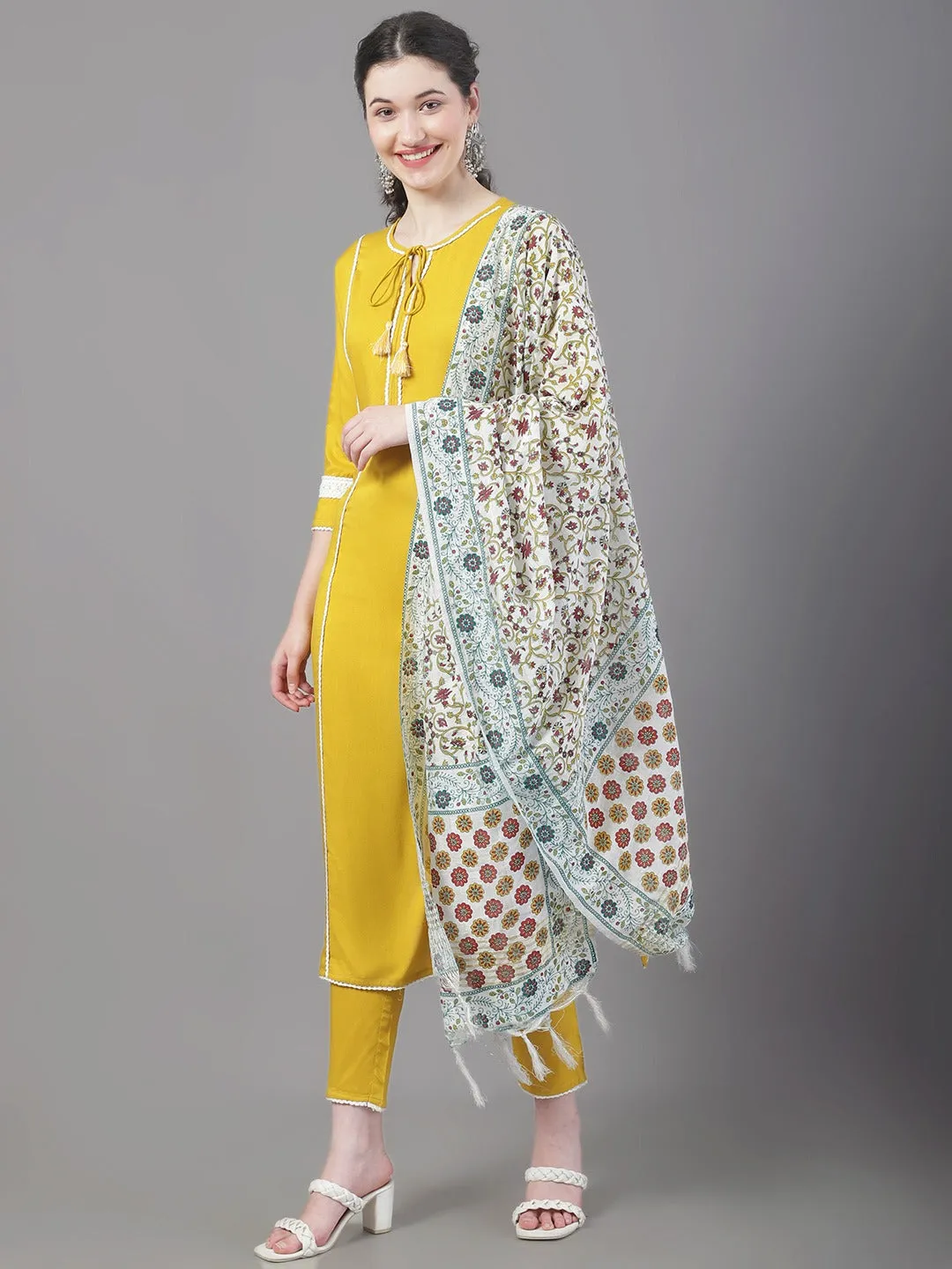 Women Panelled Kurta With Trousers & With Dupatta