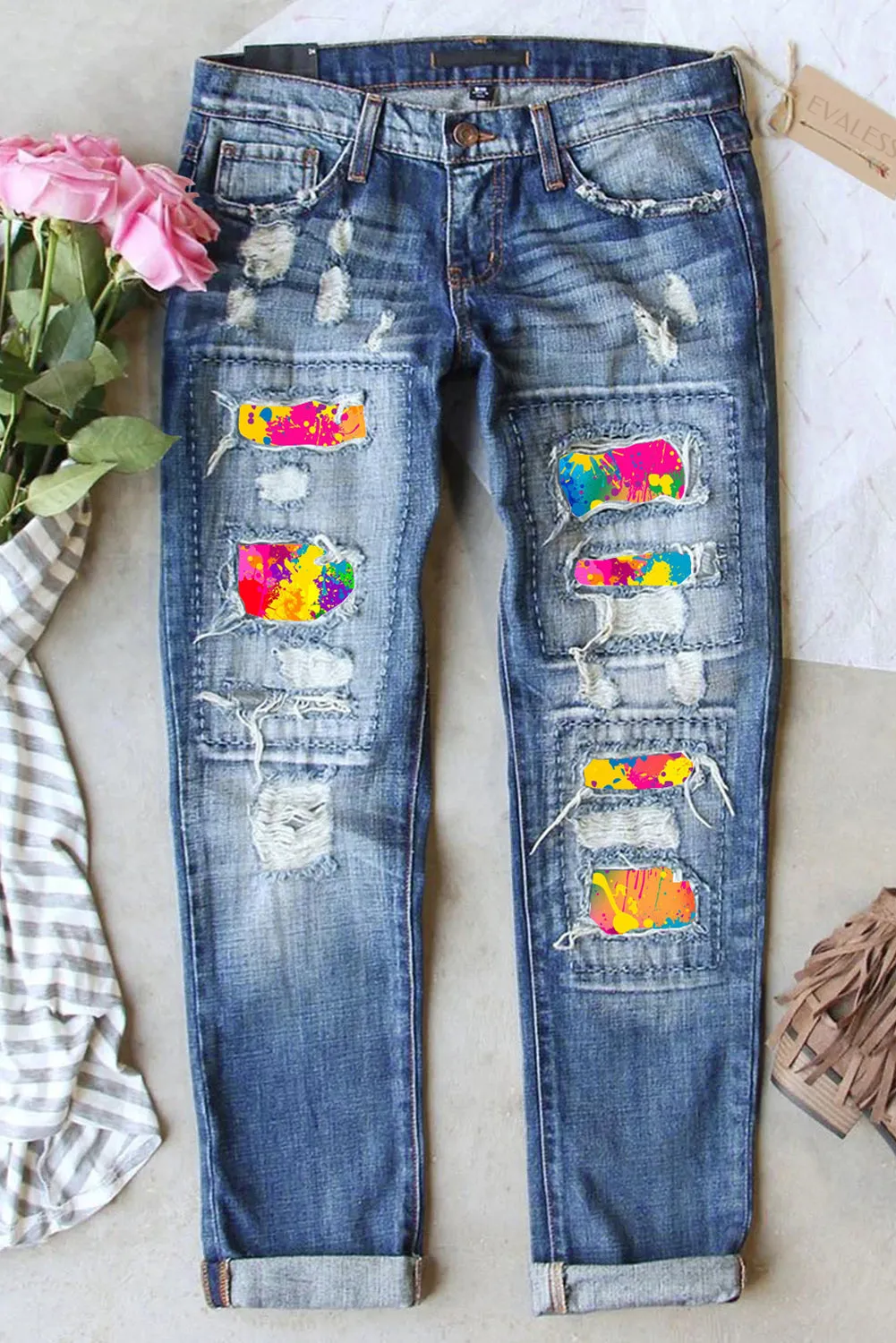 Women's Graffiti Splash Print Jeans Destroyed Denim Pants