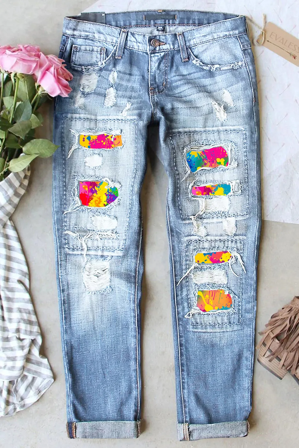 Women's Graffiti Splash Print Jeans Destroyed Denim Pants