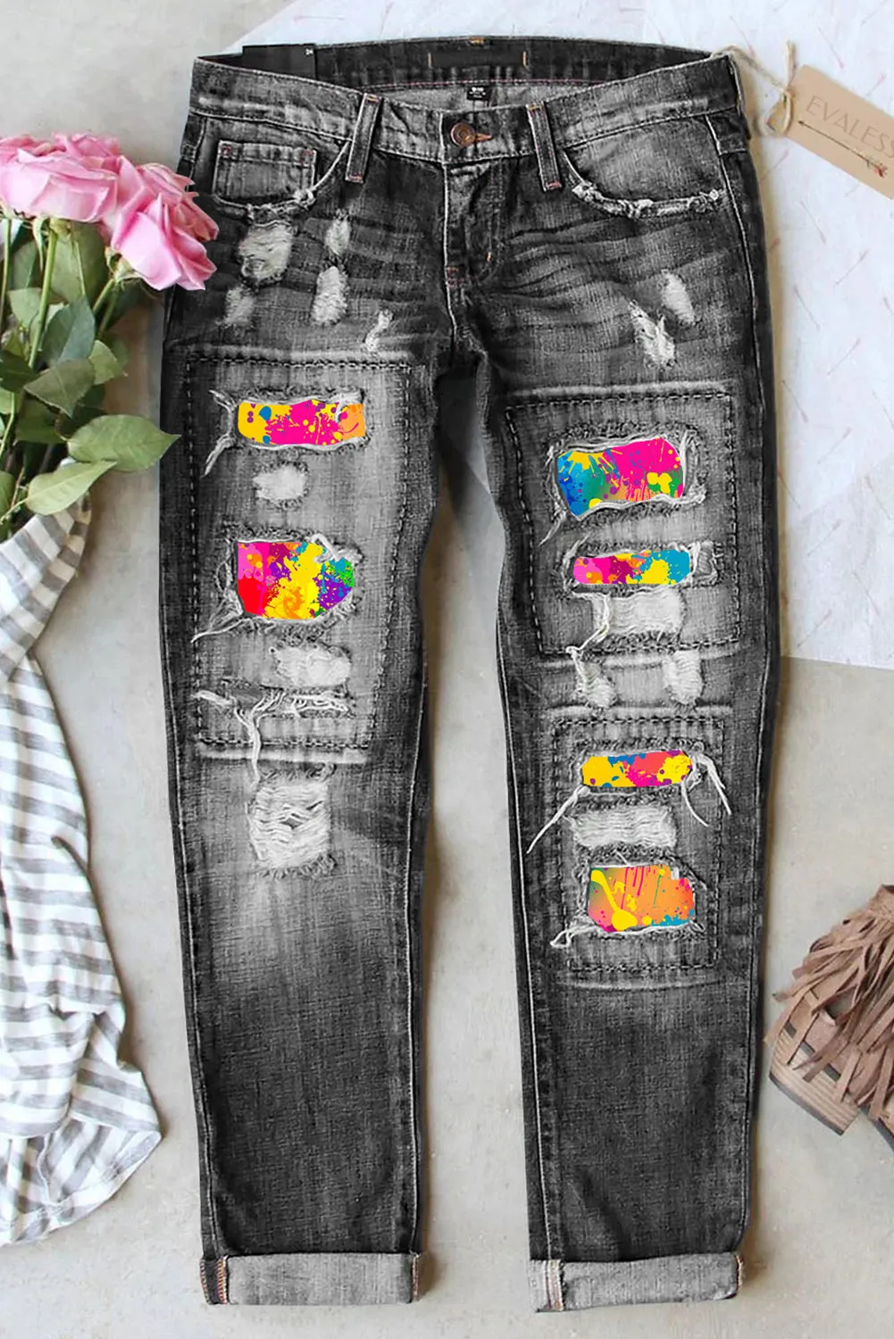 Women's Graffiti Splash Print Jeans Destroyed Denim Pants