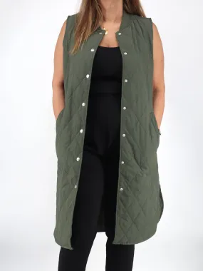 Women's Quilted Long Vest,Olive