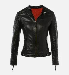 Women’s Short Quilted Shoulder Black Leather Jacket