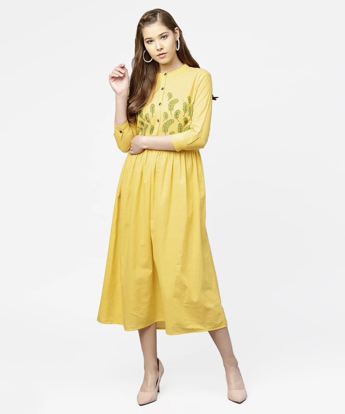 Yellow Block Printed 3/4Th Sleeve Cotton Maxi Dress